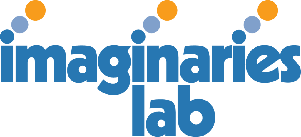 Logo for "imaginaries lab" in bold blue lowercase letters, with three pairs of circles (one orange, one light blue) above the letters "i," "a," and "e," resembling ideas or connections.
