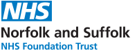 The logo of Norfolk and Suffolk NHS Foundation Trust, featuring the NHS logo in white letters on a blue background, with black and blue text reading "Norfolk and Suffolk NHS Foundation Trust.