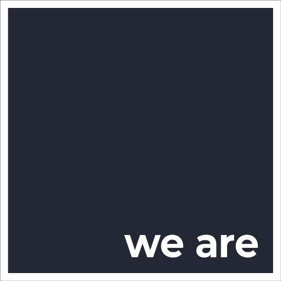 A dark blue square with a white border. In the lower right corner, bold white text reads "we are." The rest of the square is empty.