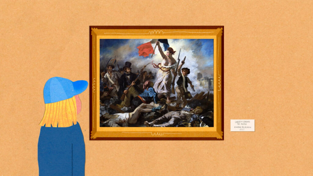 A cartoon person with long blond hair and a blue cap looks at a framed painting, “Liberty Leading the People,” which depicts a woman holding a French flag and leading a group in battle.