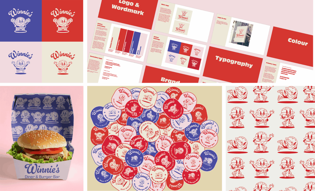 A collage displays branding materials for 'Winnie’s Diner & Burger Bar', featuring logo designs, typography, color palettes, packaging with a burger box, and round stickers in red, blue, pink and cream.