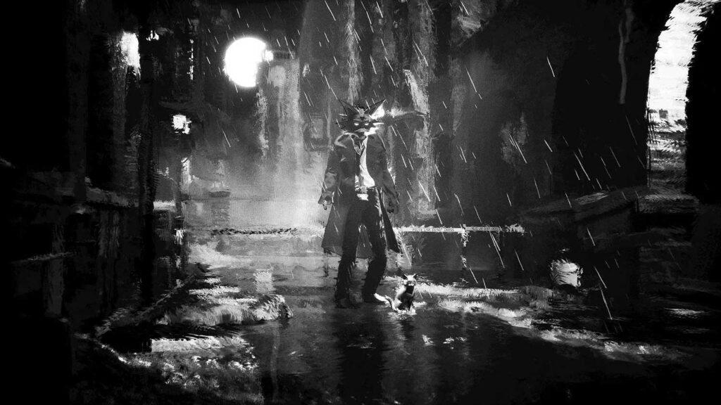 A lone figure in a long coat stands in a rain-soaked, dark alley, illuminated by moonlight. A small cat sits by their side. The scene is dramatic and rendered in black and white.