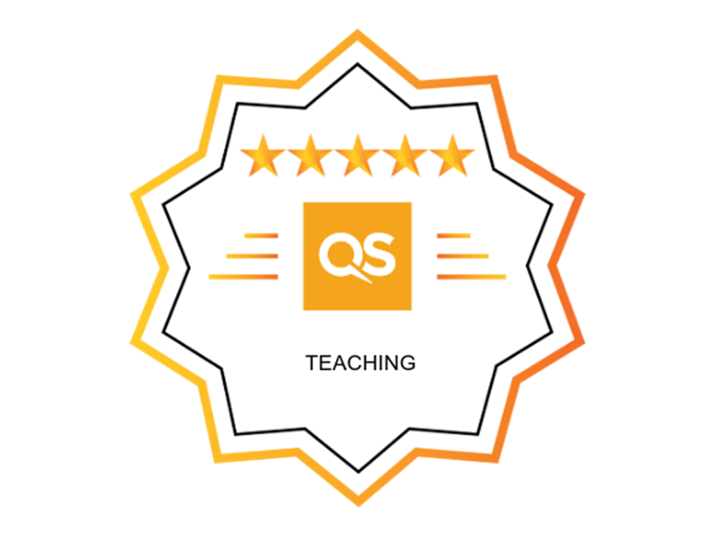 A badge with a yellow and orange border features five gold stars at the top, a yellow square with "QS" in white at the center, and the word "TEACHING" below on a white background.
