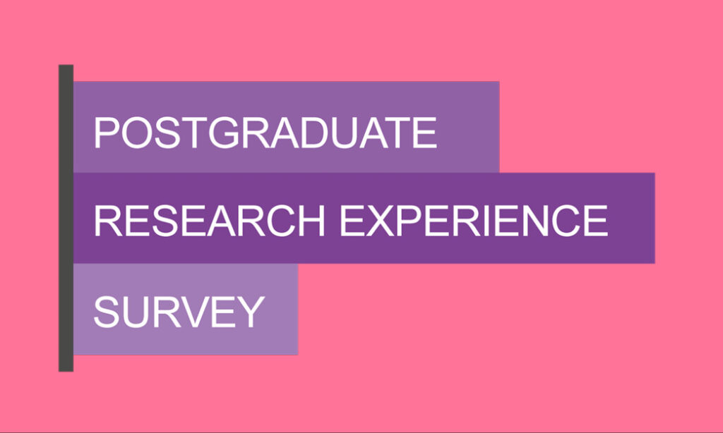 A graphic with a pink background features three overlapping purple rectangles with the text: "Postgraduate," "Research Experience," and "Survey.
